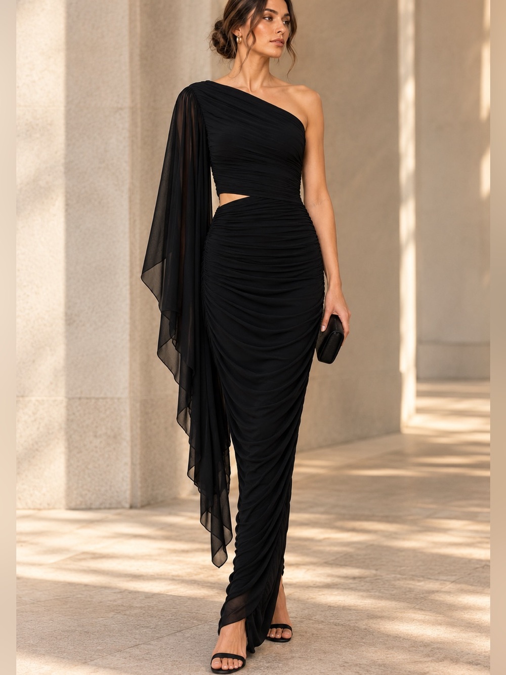 Alice + Olivia Black One-Shoulder Ruched Maxi Dress Size 6 NWT Designer Gown